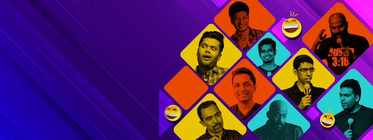 Collage of 8 to 10 top stand-up comedians from Hyderabad performing live comedy.