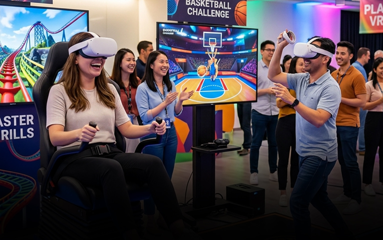 Image of People enjoying VR Games Team Building Activities in Office