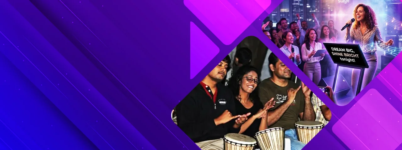 Interactive corporate musical team building activity for large groups.