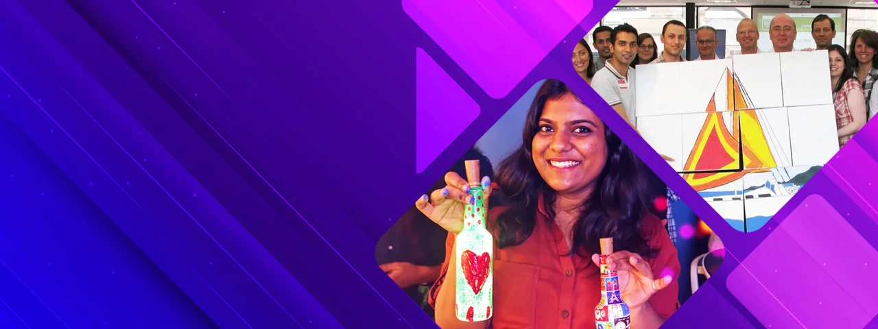 Corporate employees engaging in creative art and craft team building workshops.