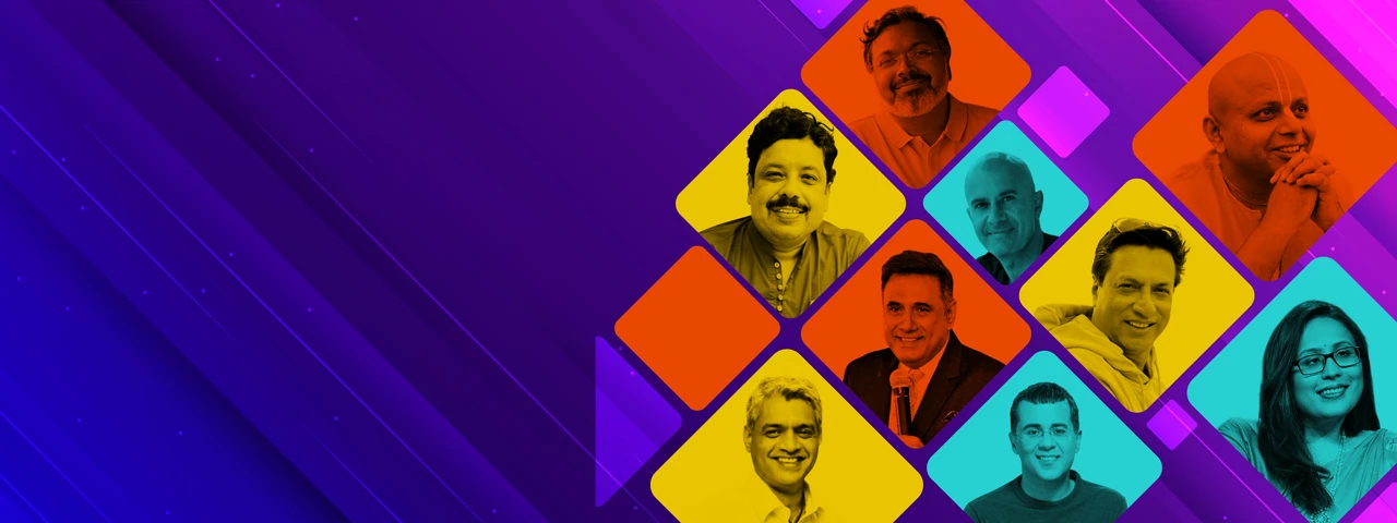 Collage of top Indian corporate storytellers, communication experts, and motivational speakers available for leadership offsites, sales kick-offs, and L&D workshops