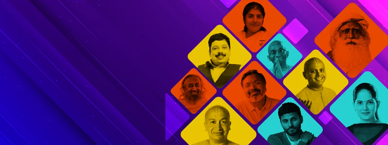 Collage of top Indian spiritual leaders, modern monks, and mindfulness speakers available for corporate wellness retreats and conscious leadership events