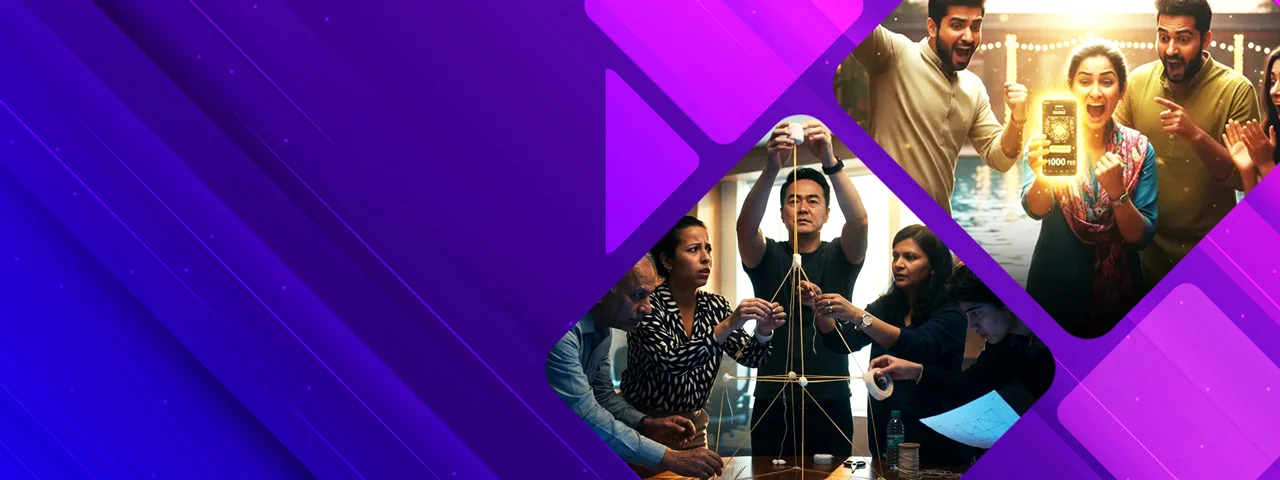 Corporate employees participating in indoor gamified learning simulations and experiential team activities.